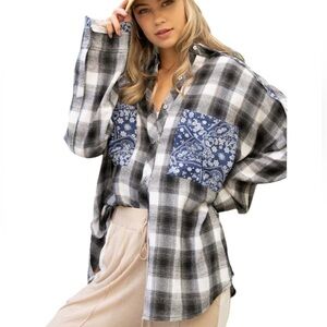 POL Plaid Paisley Bandanna Pockets Cotton Blend Flannel Button Up Shirt Medium